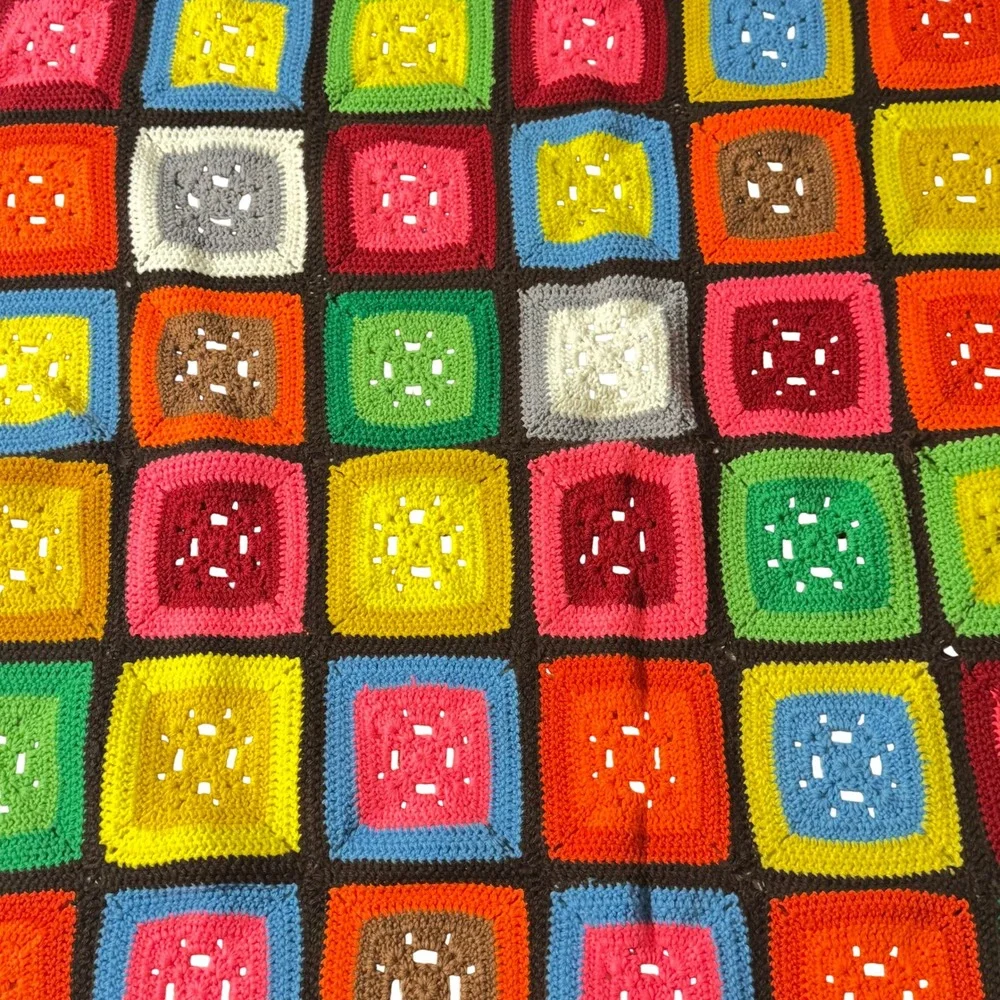 Handmade Crochet Granny Square Afghan Blanket 54x47 Multi-Color Retro Boho Throw
